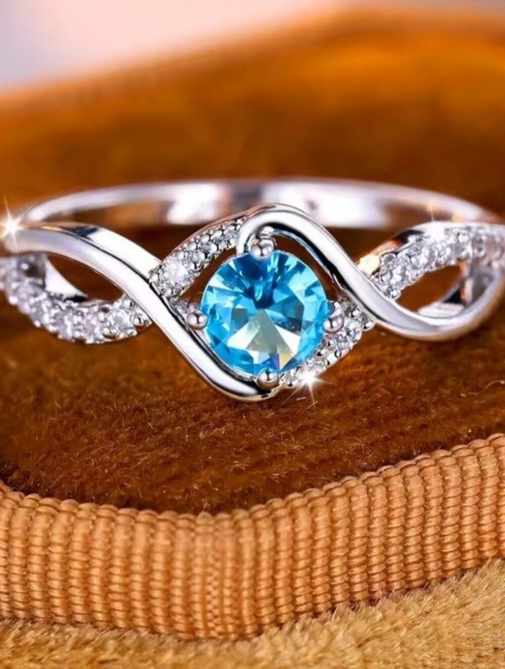 Blue Aquamarine Color Twist Ring Size 7 Silver Tone Fashion Statement Jewelry